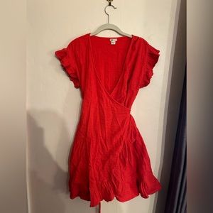 Billabong red wrap dress with ruffle sleeves